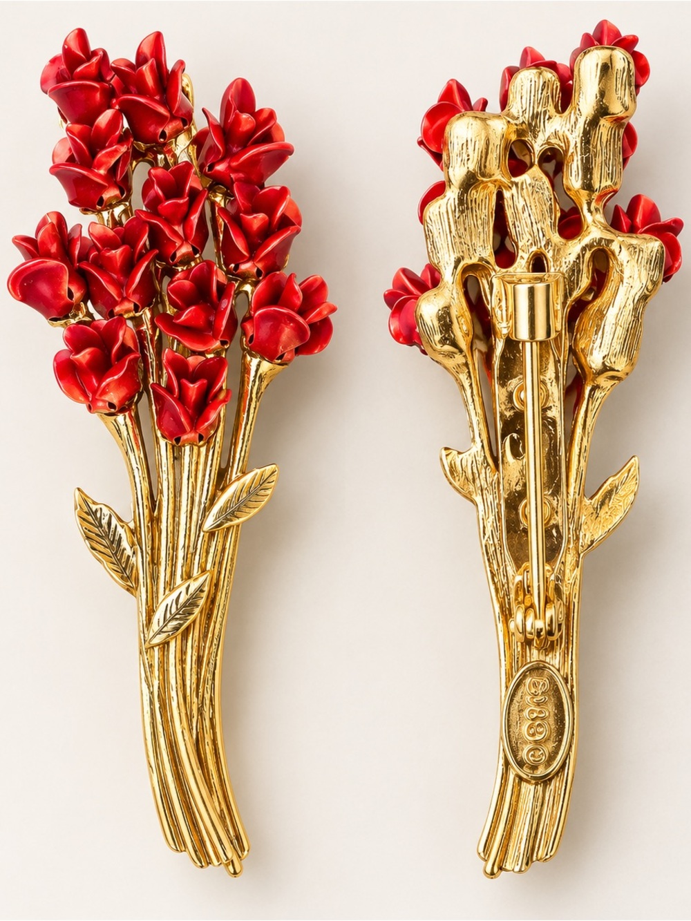 Vintage Red Rose Bouquet Brooch Gold Tone Floral Pin